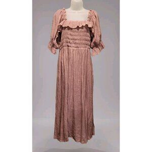 Tan Shimmer Puff Sleeve Smocked Midi Dress Listicle Sz L Pockets Feminine Boho